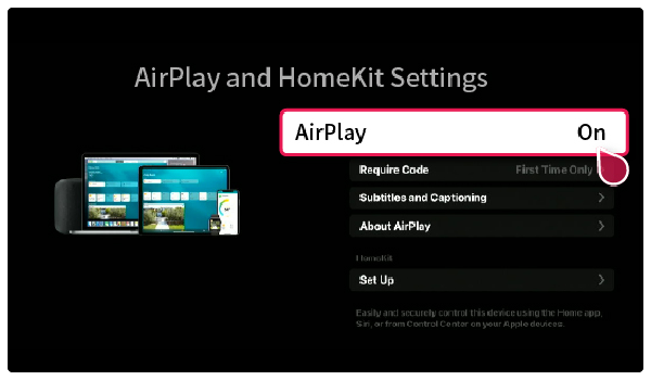 تنظیم AirPlay روی On در منوی تلویزیون الجی